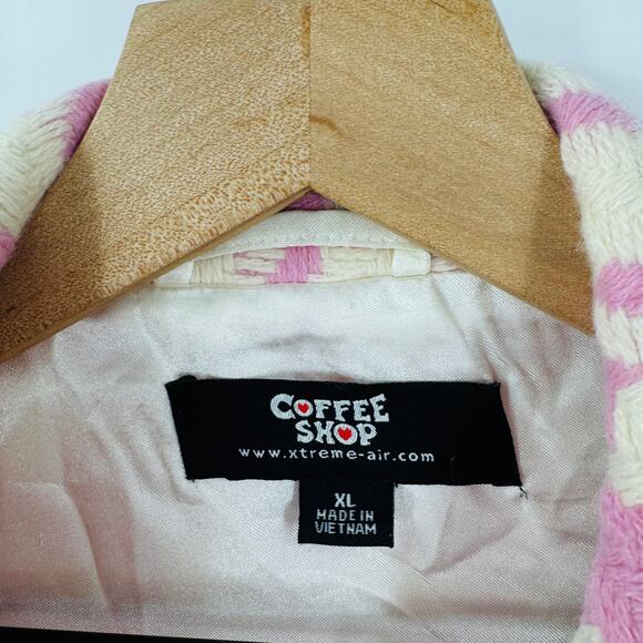 Coffee Shop Pink Cream Houndstooth Wool Blend Coat Off Center Buttons Size XL - Picture 3 of 7